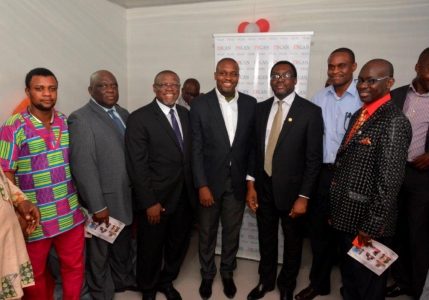 Chairman of Brand Journalists Association of Nigeria (BJAN), Mr Goddie Ofose; President of Outdoor Advertising Association of Nigeria (OAAN), Mr Babatunde Adedoyin; President of Public Relations Consultants Association of Nigeria (PRCAN), Mr John Ehiguese; Vice President of Experiential Marketers Association of Nigeria (EXMAN), Mr Wole Olagundoye; Lagos State Commissioner for Information and Strategy, Mr Steve Ayorinde; President of Association of Advertising Agencies of Nigeria (AAAN), Mr Kelechi Nwosu; and President of Nigerian Institute of Public Relations (NIPR), Dr Rotimi Oladele, at the commissioning of PRCAN secretariat in Ikeja, Lagos