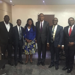 The Honourable Minister for Trade & Investment Dr, Okechukwu Enelamah (3rd from right); Dr. Uyi Stewart, Chief Scientist, IBM Research Africa laboratory (2nd from right); Taiwo Otiti, Country General Manager, IBM West Africa (2nd from left) and other IBM executives during a courtesy visit of the IBM team to the Minister recently.   