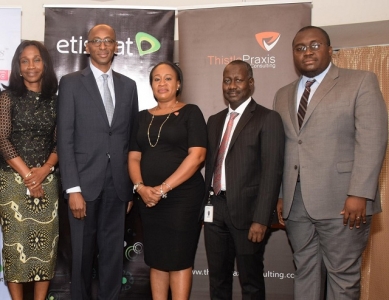 (L-R) Corporate Affairs Director, Unilever Nigeria, Soromidayo George, Vice President, Regulatory & Corporate Affairs, Etisalat Nigeria, Ibrahim Dikko, Lead Consultant, Thistle Praxis, Ini Onuk, MD/CEO, Galaxy Backbone, Yusuf Kazaure and Acting Regional Coordinator, Africa, UN Millennium Campaign/SDGs Action Cmpaign, Hilary Ogbonna at the Sustainable Conversations thought leadership series sponsored by Etisalat Nigeria in Abuja on Thursday.