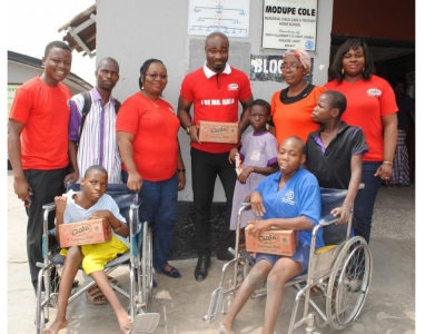 L-R, Mrs Folasade Abiola, Senior Brand Manager (Snacks), UAC Foods, Gala Brand Ambassador, Harrison Okiri (Harry Song), Mrs. Florence Kayode, The Proprietress, Modupe Cole Memorial Childcare & Treatment Home School and Mrs. Martha Kayode, Brand Manager (Snacks), UAC Foods during the visit by UAC Foods Limited to Modupe Cole Memorial Childcare & Treatment Home School, Akoka, Lagos recently. 