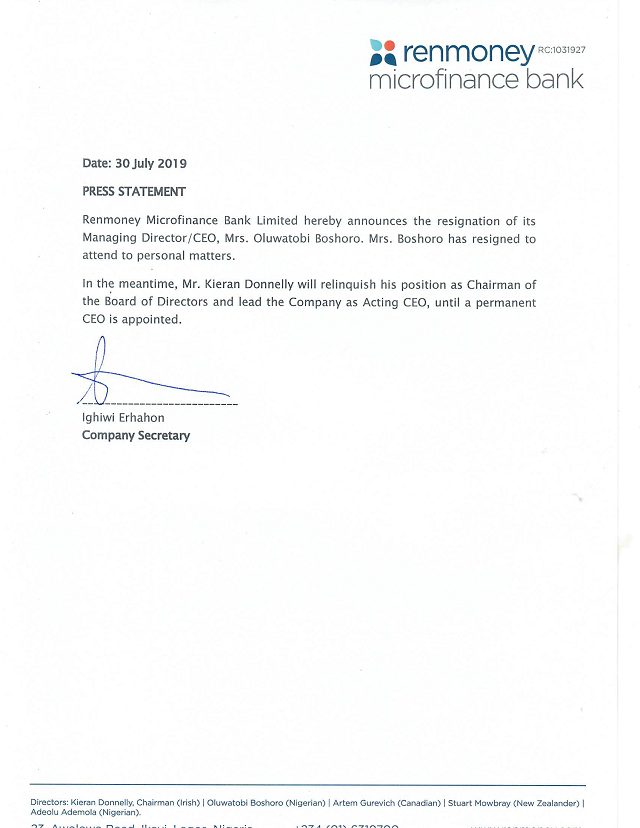RenMoney CEO Oluwatobi Boshoro Resigns