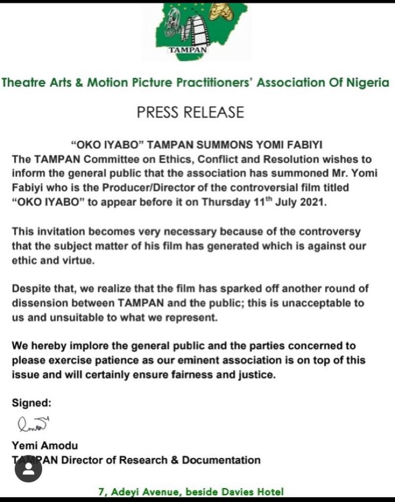 Oko Iyabo: TAMPAN Suspends Yomi Fabiyi Indefinitely