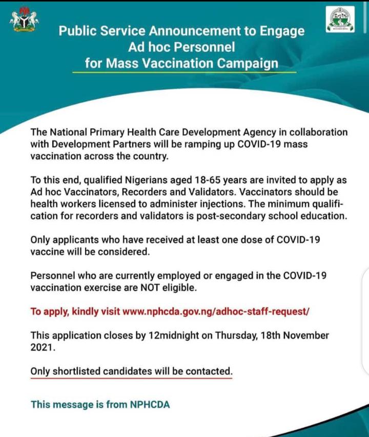 NPHCDA Covid-19 Ad-hoc Staff Recruitment