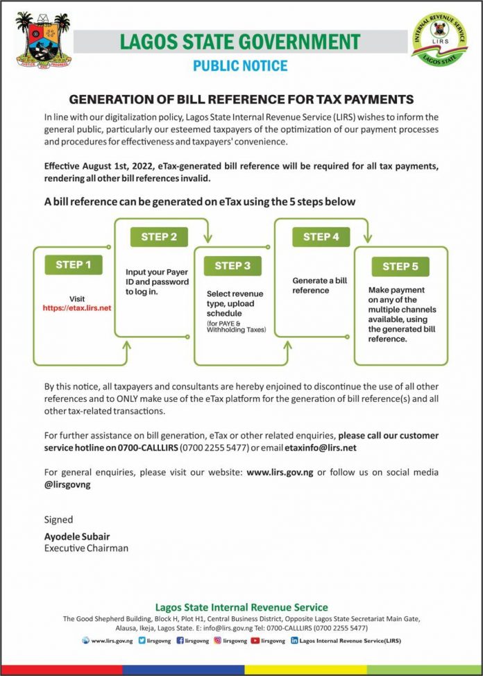 LIRS To Accept Only eTax Generated Bill Reference For Tax Payments