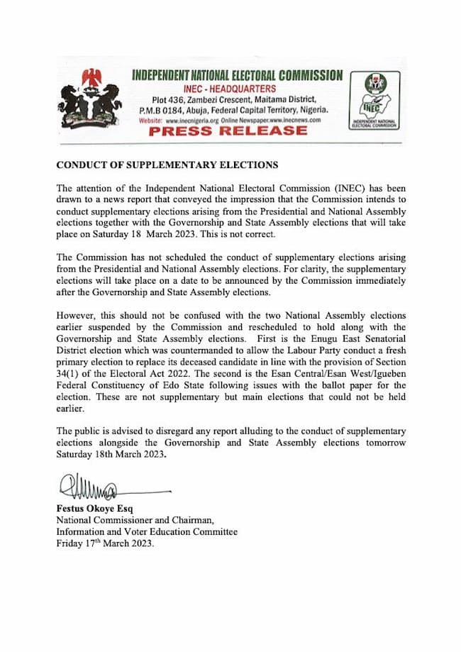 INEC Clarifies March 18 Elections, Denies Rumours