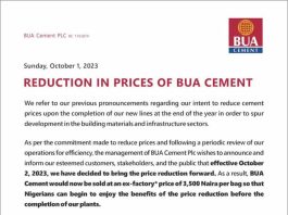 BUA Cement Plc Slashes Price Of Bag To ₦3500
