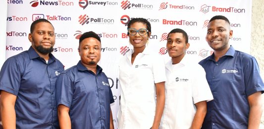 Photo CaptionL-R Olasubomi Olugbile,Lead Product Designer, TEON ENGINE; Olasunkanmi Damola, Head, Digital andCommunity Management, TEON ENGINE; Funke Ogunsina, Chief Operating Officer,TEON ENGINE; Stephen Adingupu, Chief Technical Officer, TEON ENGINE; and,Temidayo Oderinde, Lead Creative Designer, TEON ENGINE, at the formal launch ofTEON ENGINE’s array of business and marketing solution tools, TEONSUITES, –PollTeon, SurveyTeon, NewsTeon, BrandTeon, TalkTeon and TrendTeon in Lagos.