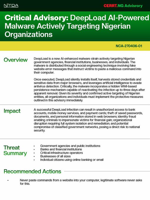 NITDA warns Nigerians over AI-powered deepLoad malware attacks