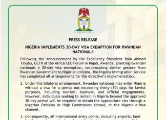 Nigeria begins 30-day visa-free entry for Rwandan nationals